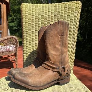 Liberty distressed brown boots with harness.